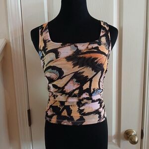 Free People Ruched Tank Top Abstract Butterfly Print Square Neck Ties S Boho